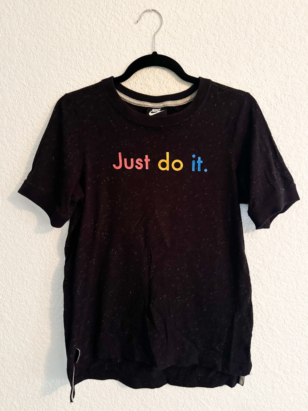 Nike Black Short Sleeve Tee with Multicolor "Just do it." Print